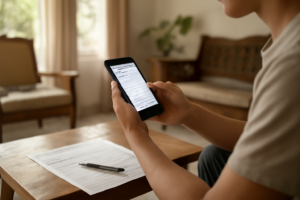 Seseorang memeriksa tagihan internet bulanan lewat aplikasi di ponsel