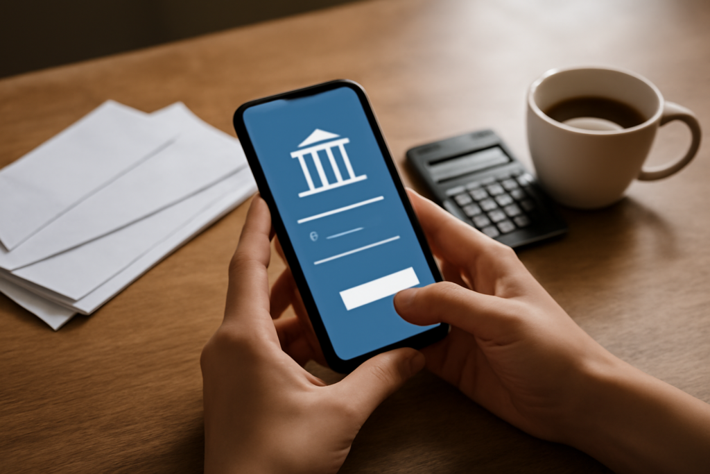 Seseorang mengecek tagihan kartu kredit lewat aplikasi mobile banking di ponsel