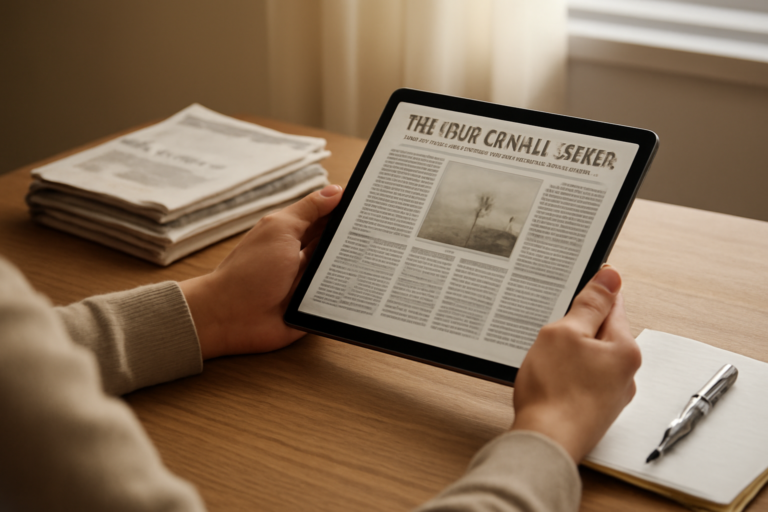 Seseorang membaca berita internasional di tablet dengan tumpukan koran di meja